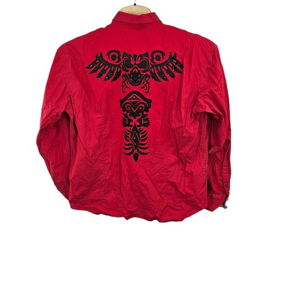 TMT Shirt Men 3XL Red Button Up Long Sleeve Embroidered Logo Knit VTG Flip Cuffs - Picture 2 of 12